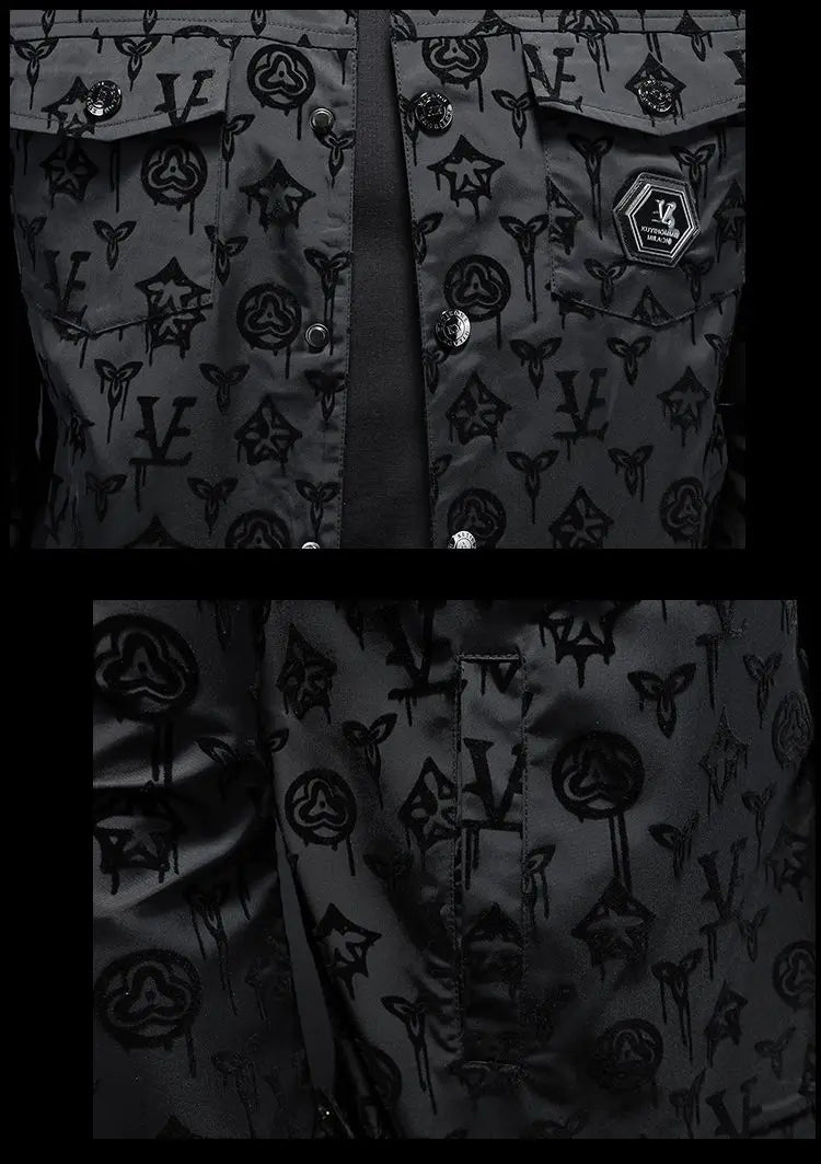 Men’s Black Monogram Flower Jacket – Slim Fit Street Luxury Outerwear, Turn-Down Collar, Button-Up Statement Coat