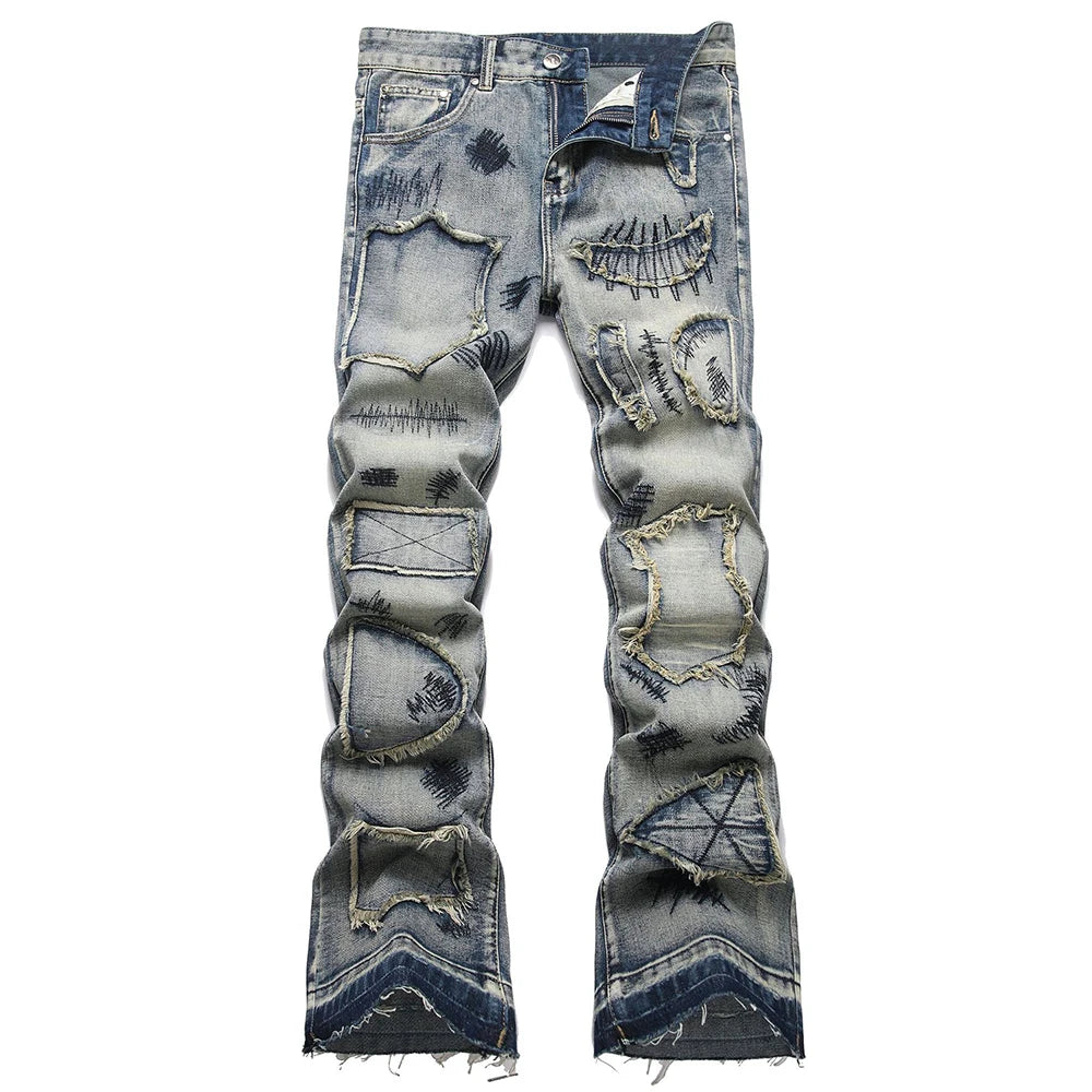 Men’s Bootcut Patchwork Jeans - Vintage Stacked Denim Jeans | Streetwear Embroidery Patched Released Hem Stacked Jeans