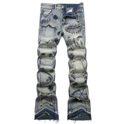 Men’s Bootcut Patchwork Jeans - Vintage Stacked Denim Jeans | Streetwear Embroidery Patched Released Hem Stacked Jeans