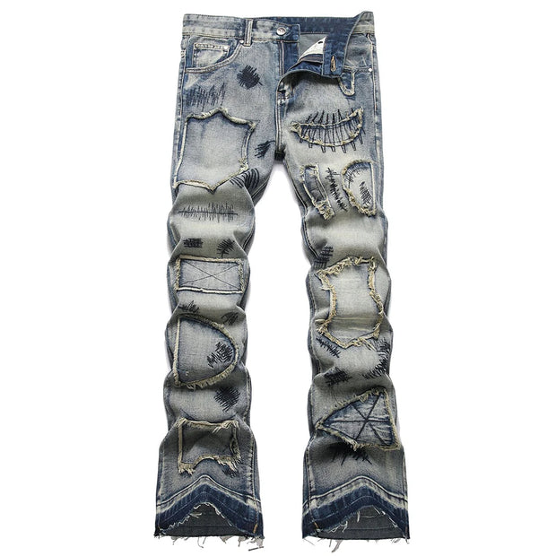 Men’s Bootcut Patchwork Jeans - Vintage Stacked Denim Jeans | Streetwear Embroidery Patched Released Hem Stacked Jeans