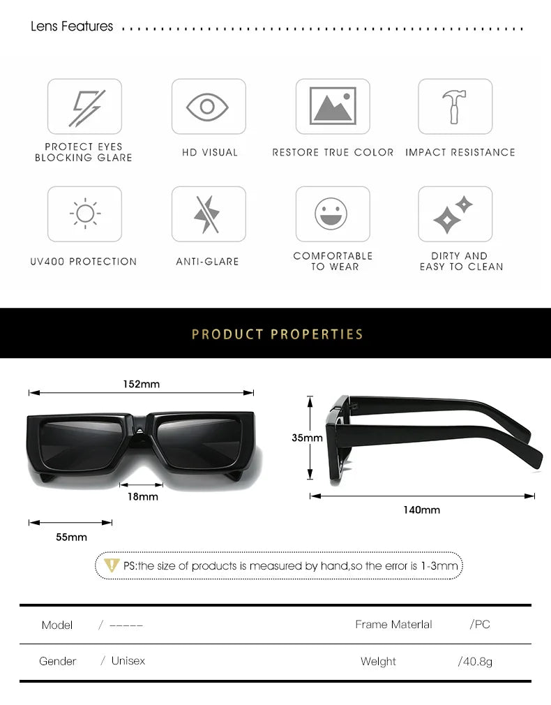 Y2K Sunglasses - Trendy Rectangle Sunglasses, Designer UV400 Shades for Men and Women