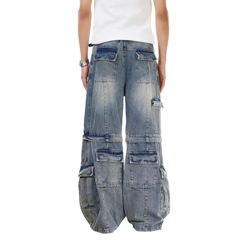 Men’s Wide Leg Denim Jeans – Detachable Baggy Solid Color Deconstruction Loose Fit Streetwear Pants