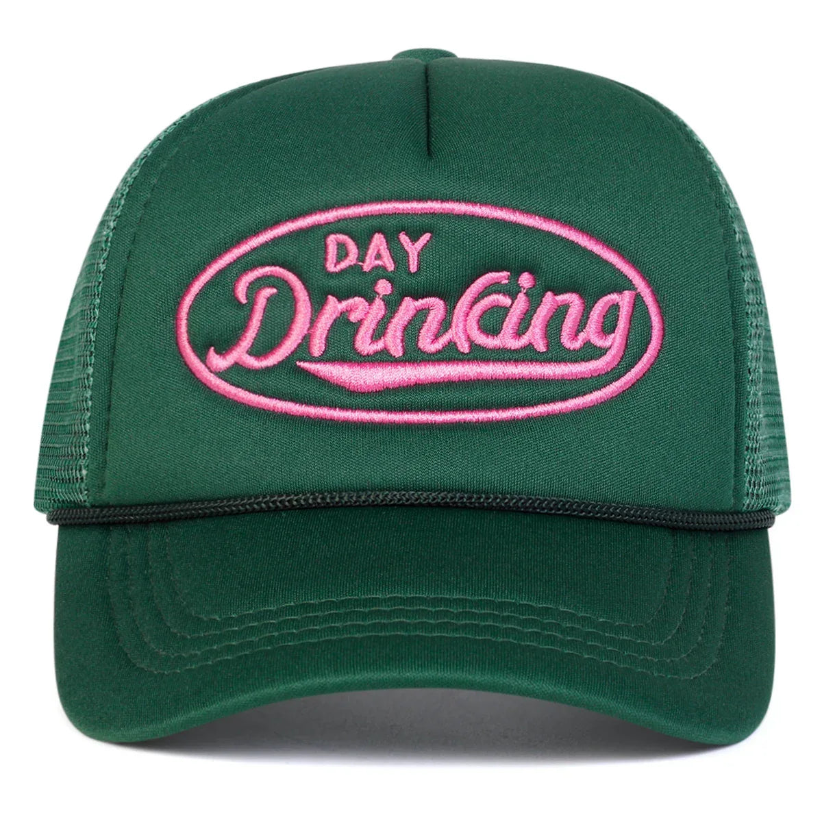 "DAY DRINKING" Trucker Hat - Embroidered Mesh Snapback | Adjustable Unisex Cap for Summer Vibes - Legendary Branding