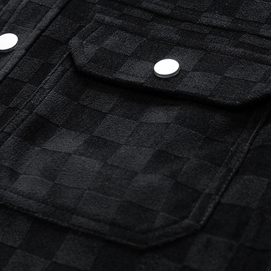 Men’s Black Suede Checkered Jacket – Vintage Streetwear Outerwear, Turn-Down Collar, Button-Up Soft Plaid Jacket