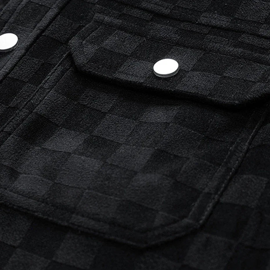 Men’s Black Suede Checkered Jacket – Vintage Streetwear Outerwear, Turn-Down Collar, Button-Up Soft Plaid Jacket - Legendary Branding