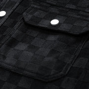 Men’s Black Suede Checkered Jacket – Vintage Streetwear Outerwear, Turn-Down Collar, Button-Up Soft Plaid Jacket