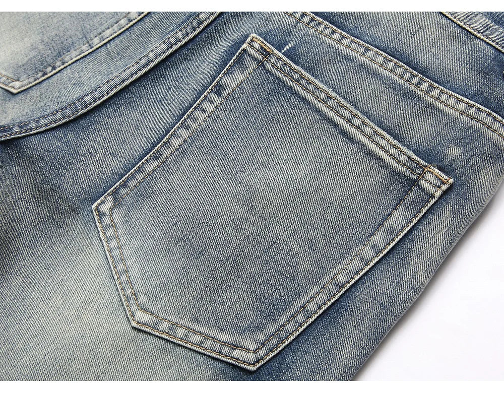 Men’s Bootcut Patchwork Jeans - Vintage Stacked Denim Jeans | Streetwear Embroidery Patched Released Hem Stacked Jeans