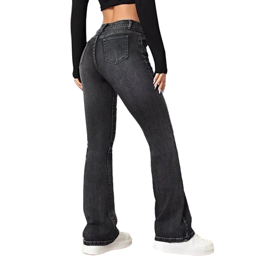 CommuterFlares™ Denim – Mid Waist Streetwear Flare Jeans | Vintage Wash Button-Up Spliced Pants for Women