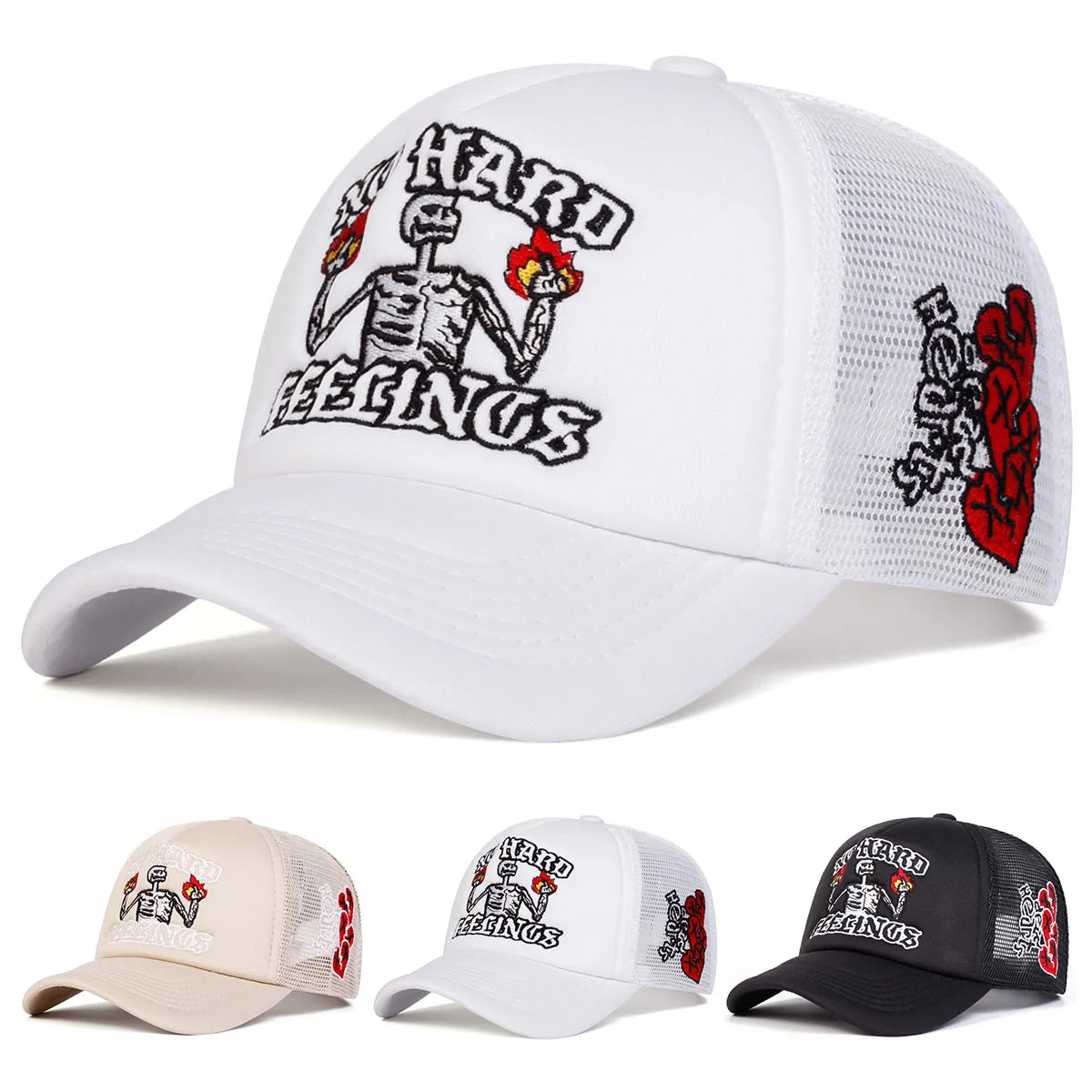 No Hard Feelings Skull Trucker Cap - Flame Mesh Snapback Hat | Adjustable Summer Streetwear Hat