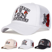 No Hard Feelings Skull Trucker Cap - Flame Mesh Snapback Hat | Adjustable Summer Streetwear Hat