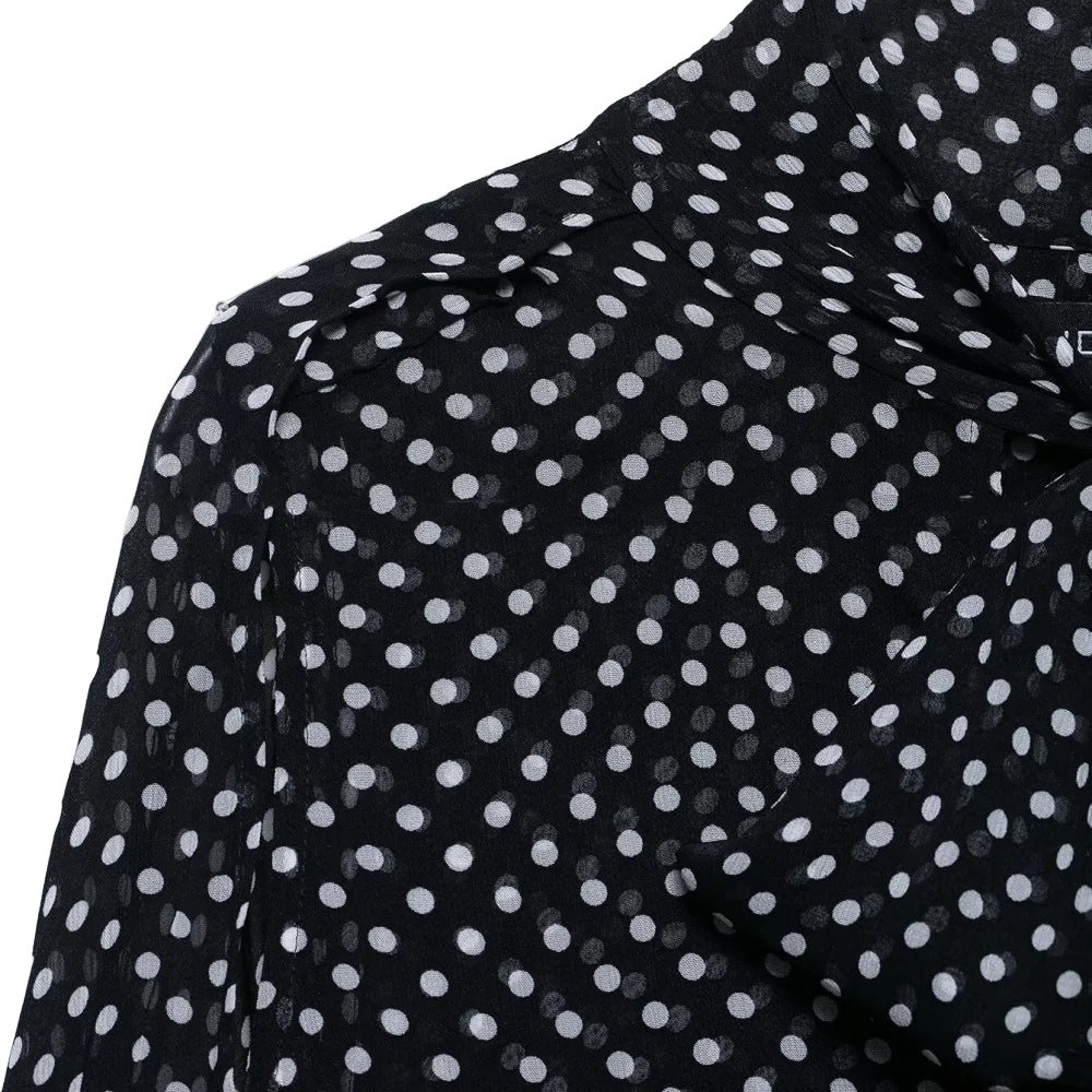 Bow Embellished Polka Dot Cape-Style Loose Shirt - Women’s Fashion Top with Ribbon Collar & Long Sleeves