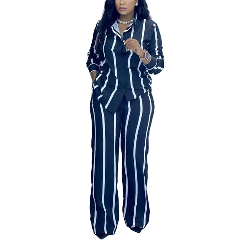 Stripe Two-Piece Set - Button-Up Long Sleeve Shirt & Wide Leg Pants | Women’s Spring Autumn Casual Outfit