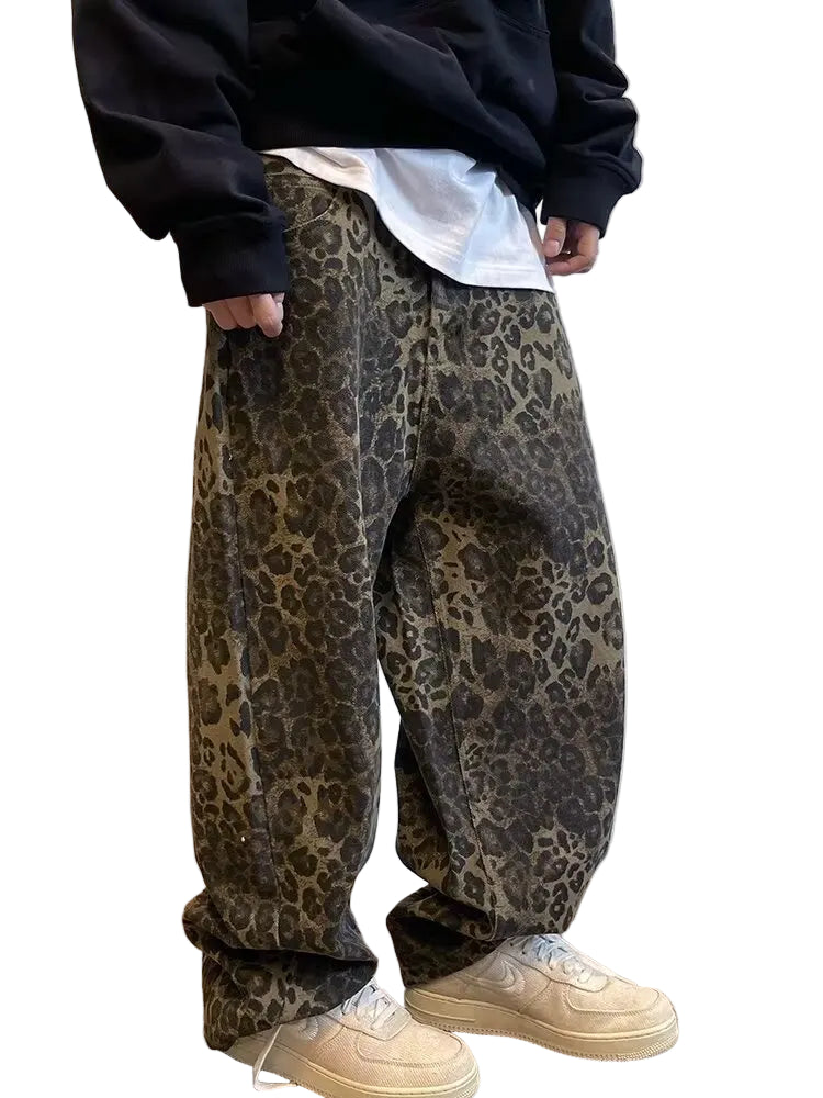 Tan Leopard Jeans – Oversized Wide-Leg Streetwear Pants, Hip Hop Vintage Loose Fit Men’s Denim Trousers