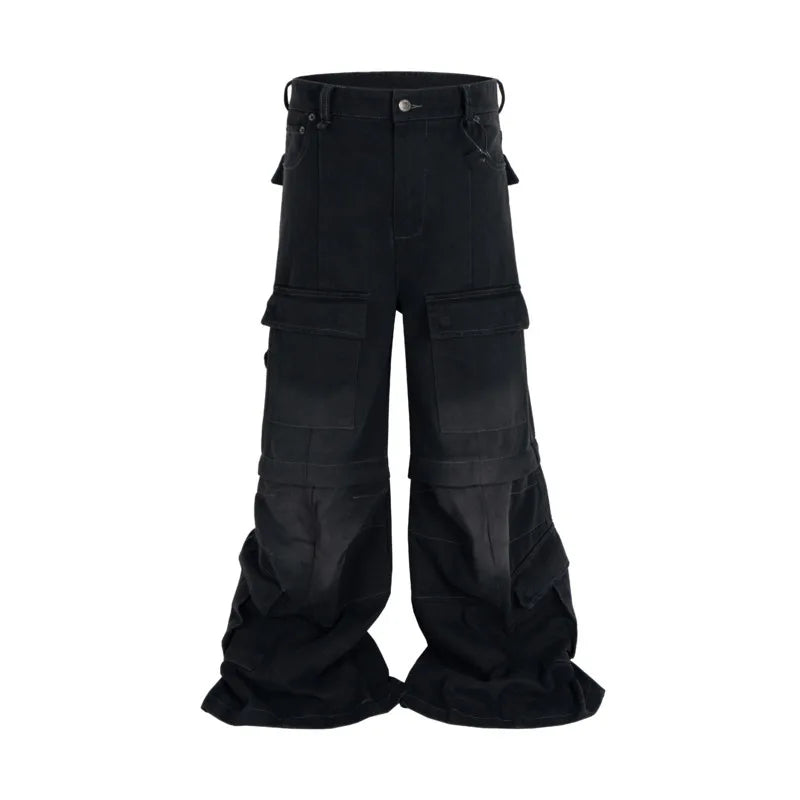 Men’s Wide Leg Denim Jeans – Detachable Baggy Solid Color Deconstruction Loose Fit Streetwear Pants