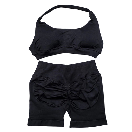 Seamless Yoga Set - 2 Piece Halter Sport Bra & Scrunch Bum Shorts - Breathable Quick-Dry Gym Outfit