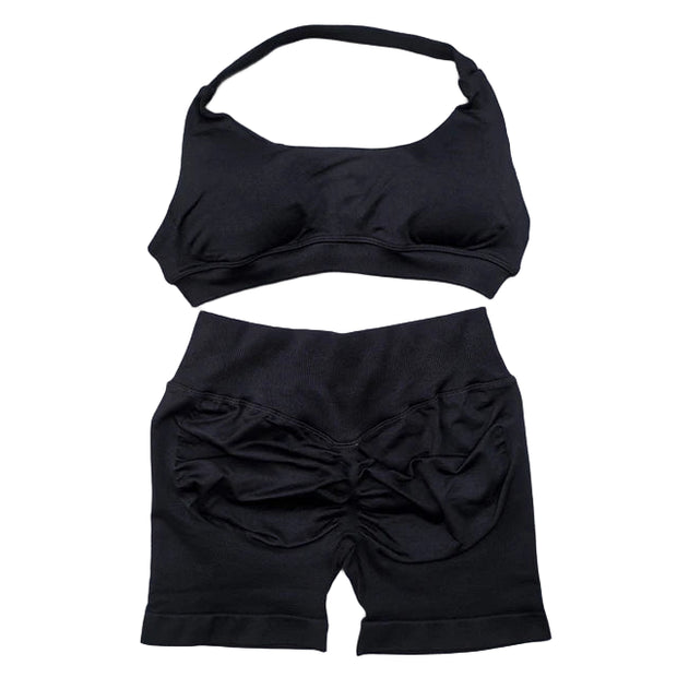 Seamless Yoga Set - 2 Piece Halter Sport Bra & Scrunch Bum Shorts - Breathable Quick-Dry Gym Outfit