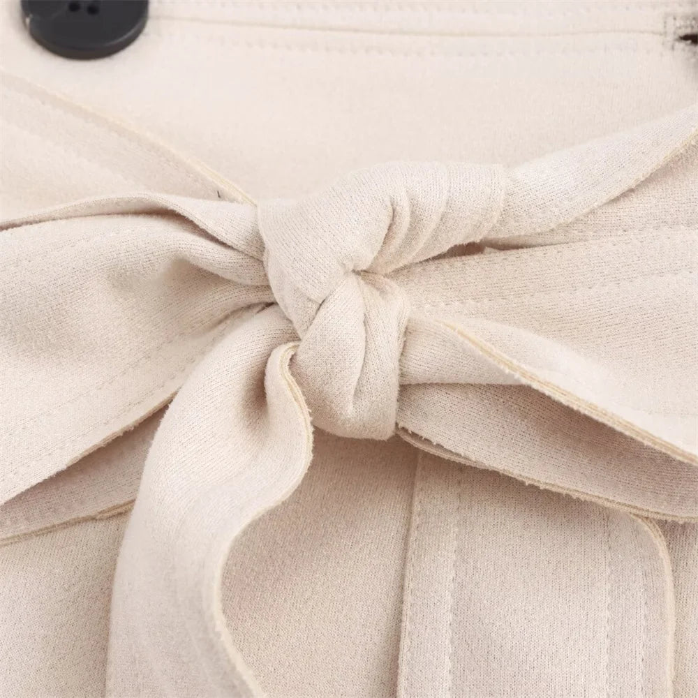 European Suede Belted Trench Coat - Women's Double Breasted Long Sleeve V-Neck Windbreaker
