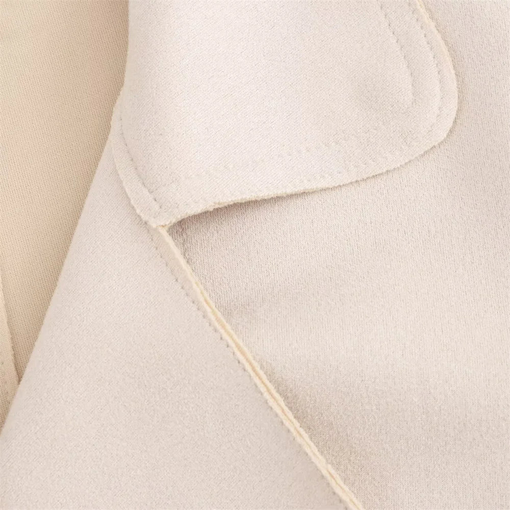 European Suede Belted Trench Coat - Women's Double Breasted Long Sleeve V-Neck Windbreaker