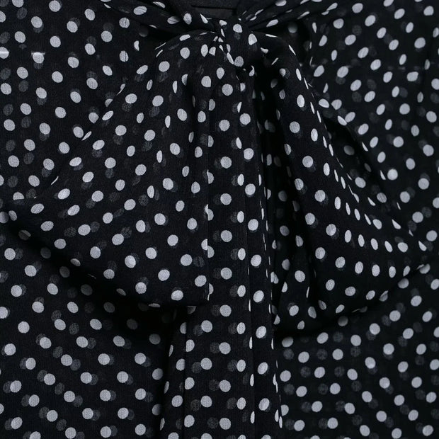 Bow Embellished Polka Dot Cape-Style Loose Shirt - Women’s Fashion Top with Ribbon Collar & Long Sleeves
