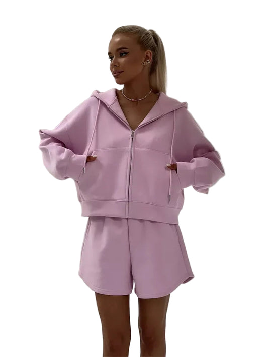 SoftStitch™ Pink Oversized Hoodie & Shorts Set – Women’s Spring Loungewear, Casual Two-Piece Matching Outfit for Streetwear & Relaxed Days