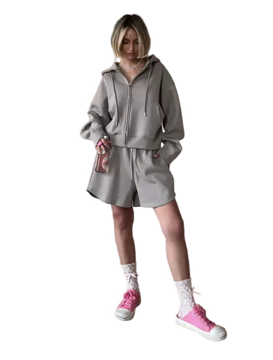 SoftStitch™ Pink Oversized Hoodie & Shorts Set – Women’s Spring Loungewear, Casual Two-Piece Matching Outfit for Streetwear & Relaxed Days