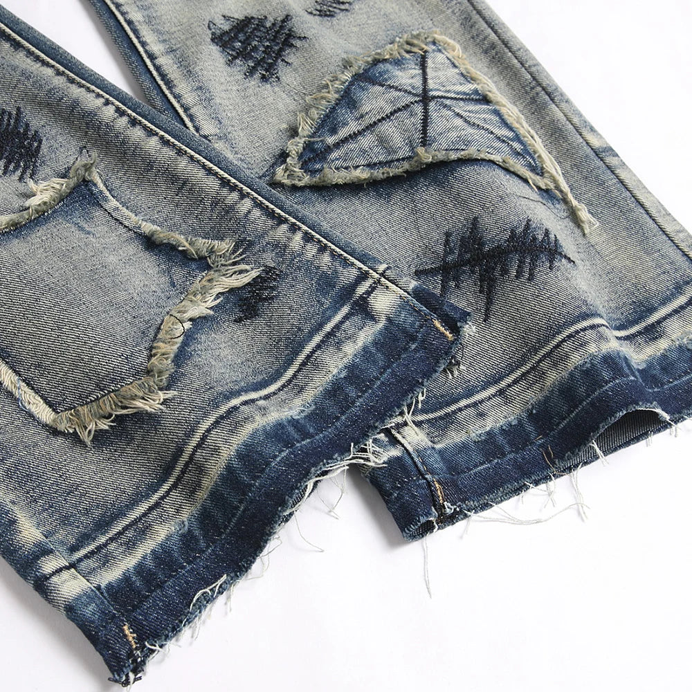 Men’s Bootcut Patchwork Jeans - Vintage Stacked Denim Jeans | Streetwear Embroidery Patched Released Hem Stacked Jeans