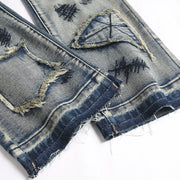 Men’s Bootcut Patchwork Jeans - Vintage Stacked Denim Jeans | Streetwear Embroidery Patched Released Hem Stacked Jeans
