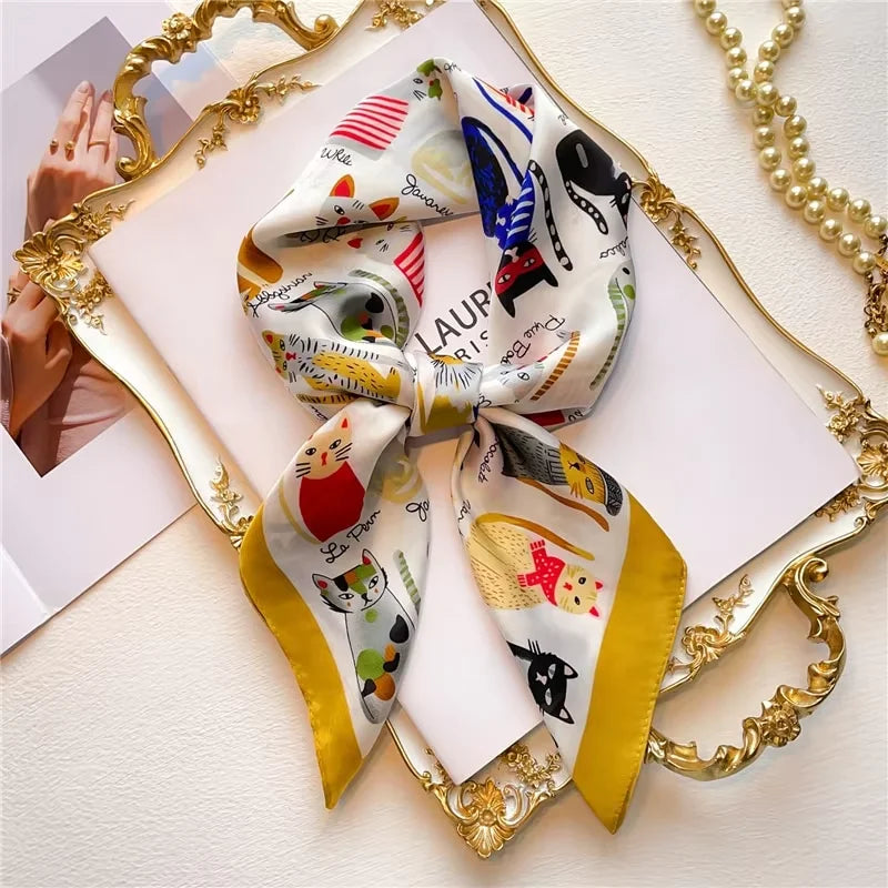 Roman Chain Silk Scarf - 70cm Elegant Simulated Silk Geometric Square Headwear for Women All Seasons