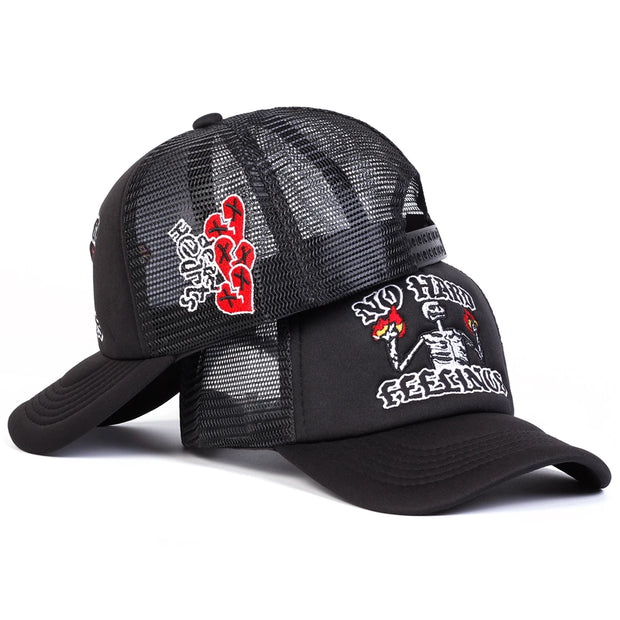 No Hard Feelings Skull Trucker Cap - Flame Mesh Snapback Hat | Adjustable Summer Streetwear Hat