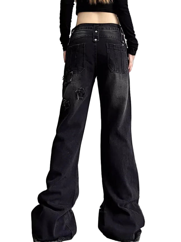 HarajukuFlare™ Y2K Wide Leg Jeans – High Waist Vintage Denim | Slim Fit Streetwear Ripped Pants for Women