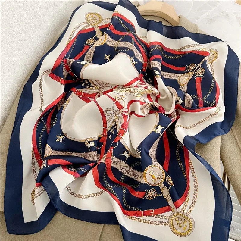 Roman Chain Silk Scarf - 70cm Elegant Simulated Silk Geometric Square Headwear for Women All Seasons