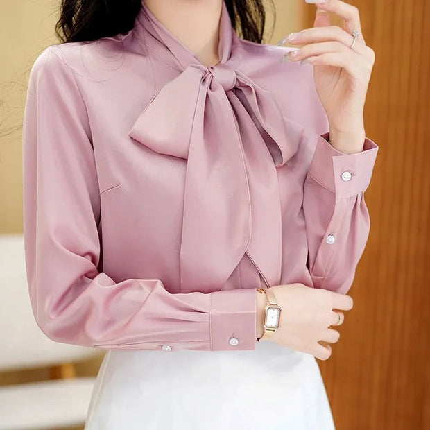 Silk Satin Bow-Tie Blouse - Women’s Long Sleeve Lightweight Sash Shirt | Elegant Spring Top