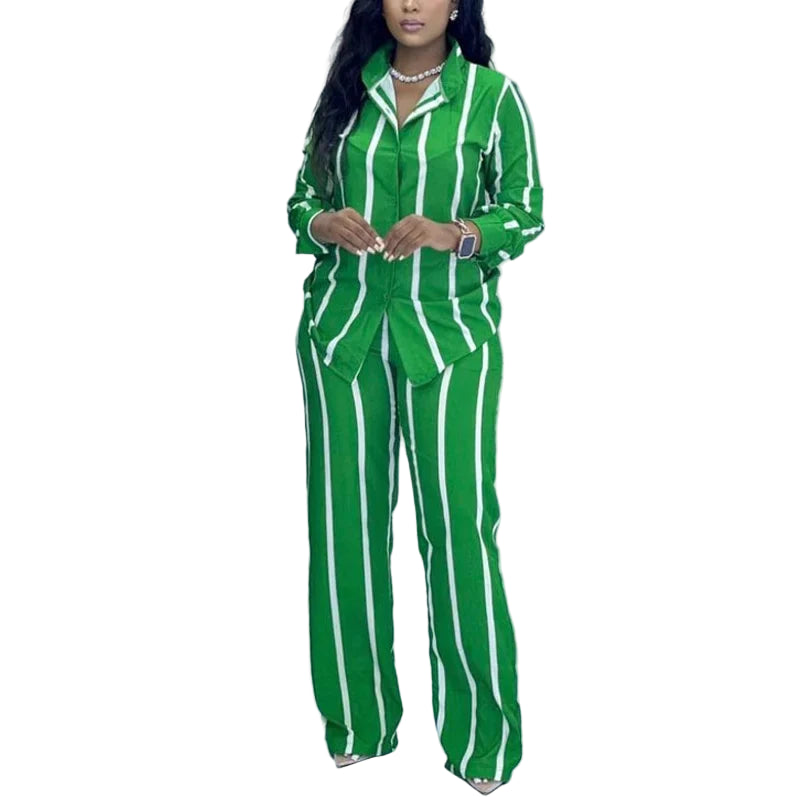 Stripe Two-Piece Set - Button-Up Long Sleeve Shirt & Wide Leg Pants | Women’s Spring Autumn Casual Outfit