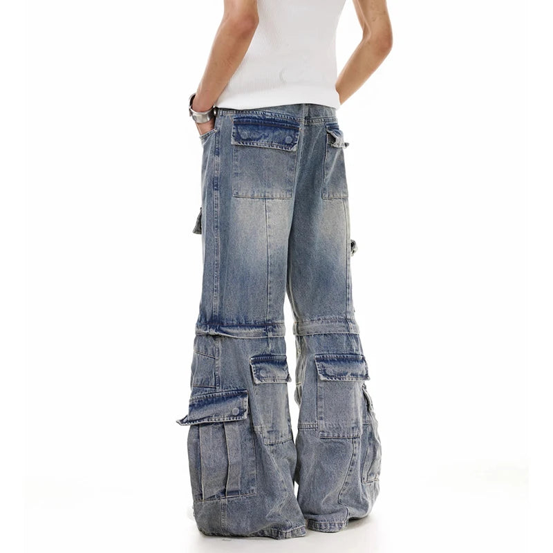 Men’s Wide Leg Denim Jeans – Detachable Baggy Solid Color Deconstruction Loose Fit Streetwear Pants