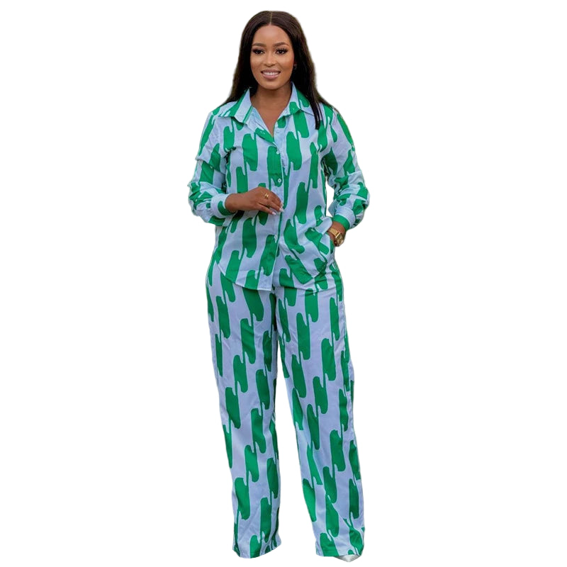 Stripe Two-Piece Set - Button-Up Long Sleeve Shirt & Wide Leg Pants | Women’s Spring Autumn Casual Outfit