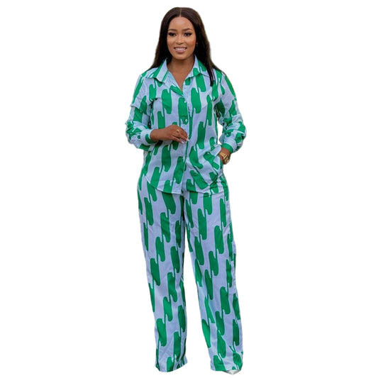 Stripe Two-Piece Set - Button-Up Long Sleeve Shirt & Wide Leg Pants | Women’s Spring Autumn Casual Outfit
