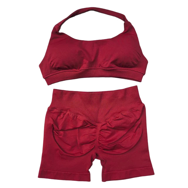 Seamless Yoga Set - 2 Piece Halter Sport Bra & Scrunch Bum Shorts - Breathable Quick-Dry Gym Outfit