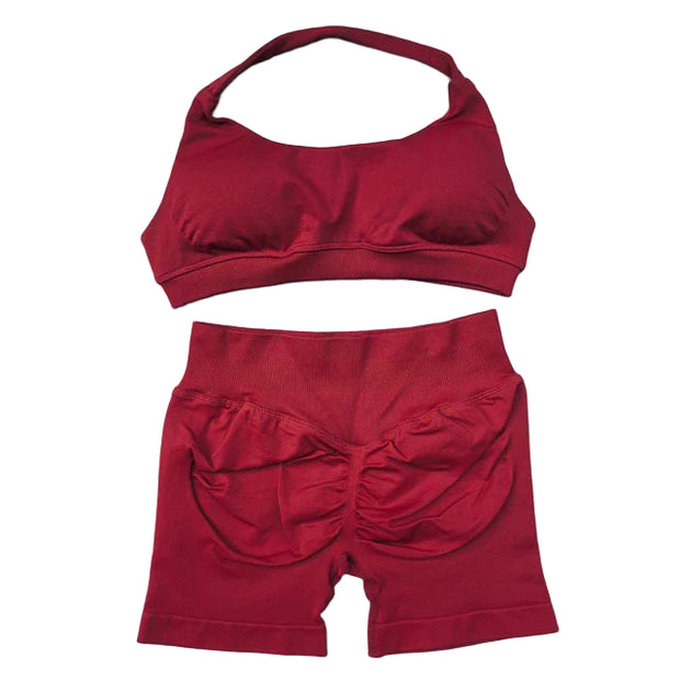 Seamless Yoga Set - 2 Piece Halter Sport Bra & Scrunch Bum Shorts - Breathable Quick-Dry Gym Outfit