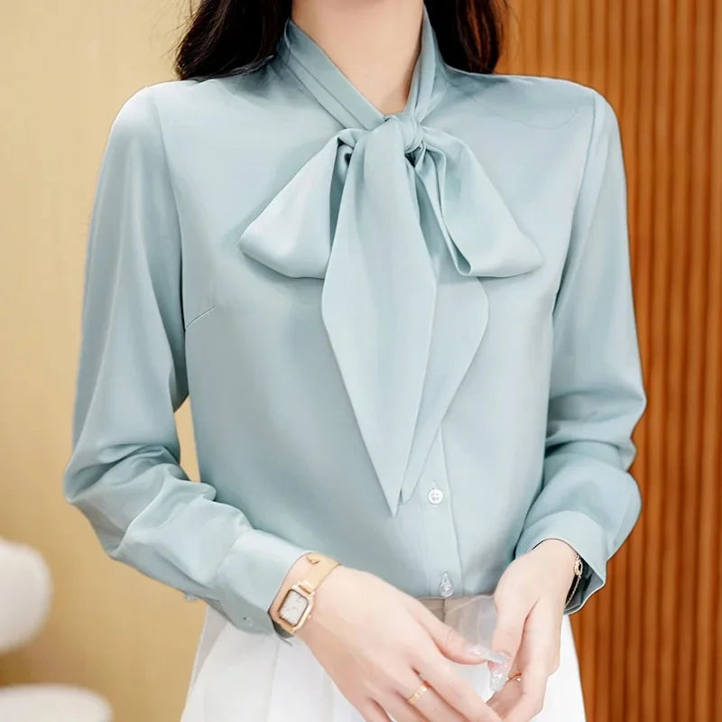 Silk Satin Bow-Tie Blouse - Women’s Long Sleeve Lightweight Sash Shirt | Elegant Spring Top