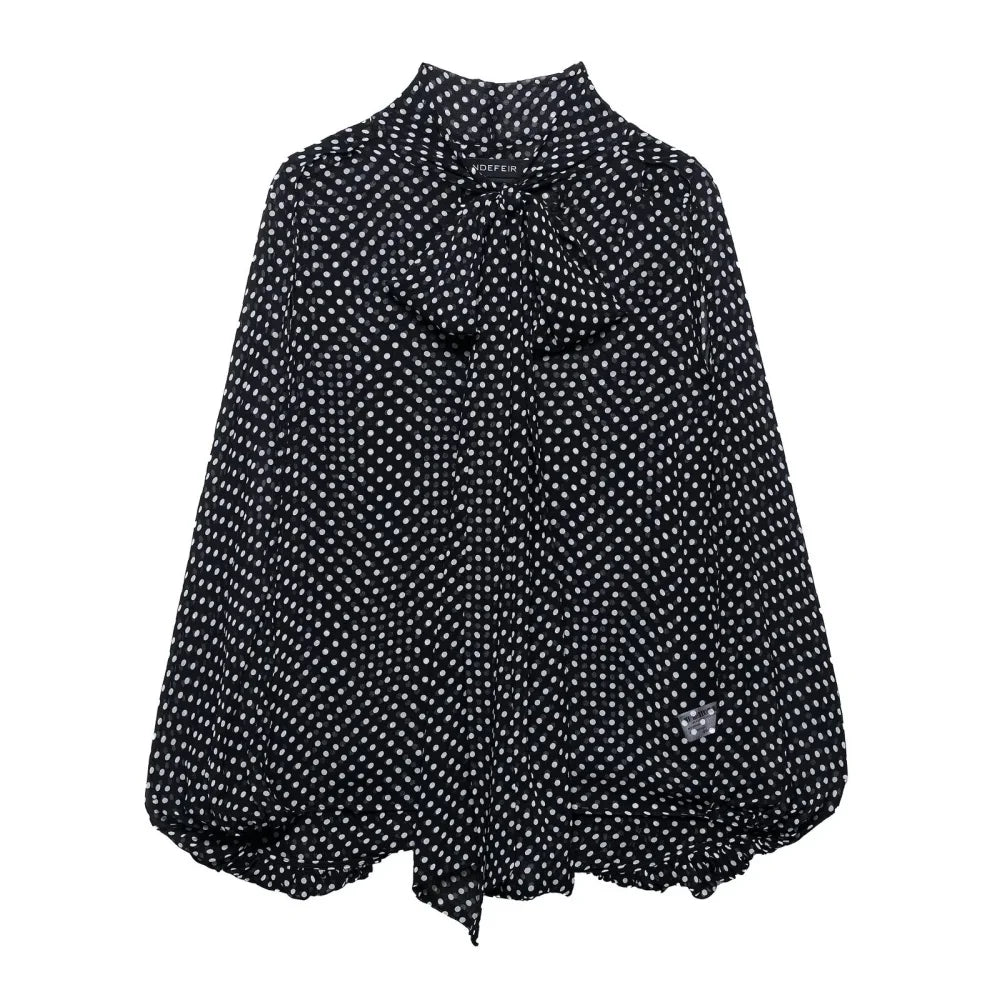 Bow Embellished Polka Dot Cape-Style Loose Shirt - Women’s Fashion Top with Ribbon Collar & Long Sleeves