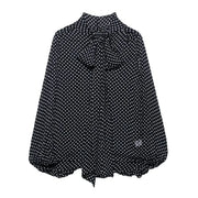 Bow Embellished Polka Dot Cape-Style Loose Shirt - Women’s Fashion Top with Ribbon Collar & Long Sleeves