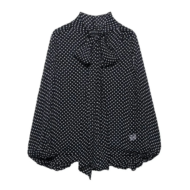 Bow Embellished Polka Dot Cape-Style Loose Shirt - Women’s Fashion Top with Ribbon Collar & Long Sleeves