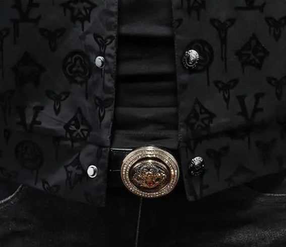 Men’s Black Monogram Flower Jacket – Slim Fit Street Luxury Outerwear, Turn-Down Collar, Button-Up Statement Coat