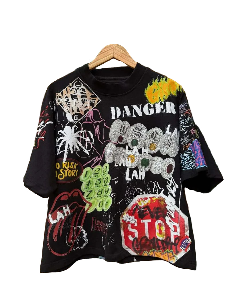 Punk Graffiti Rock Letter Oversized T-Shirt - Graffiti Y2K Hip Hop Streetwear Cotton Tee