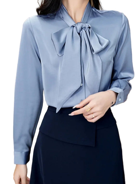 Silk Satin Bow-Tie Blouse - Women’s Long Sleeve Lightweight Sash Shirt | Elegant Spring Top