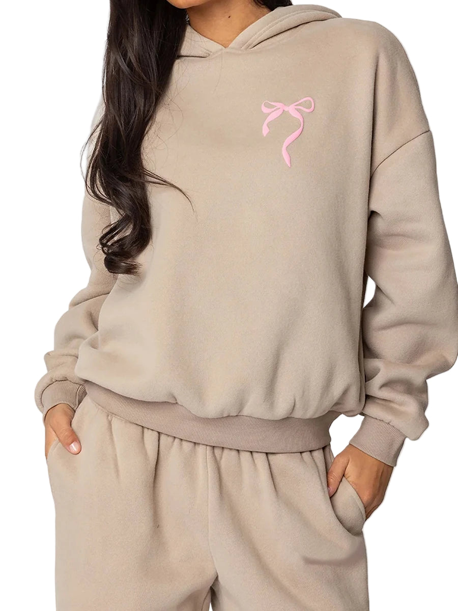 Women’s 2-Piece Bow Embroidered Cotton Hoodie & Jogger Set - Soft Velour Feel Tracksuit | Casual High-Waist Pants