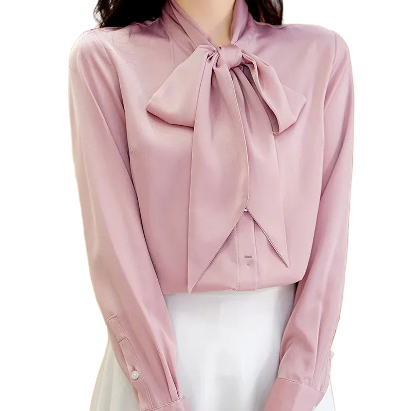 Silk Satin Bow-Tie Blouse - Women’s Long Sleeve Lightweight Sash Shirt | Elegant Spring Top