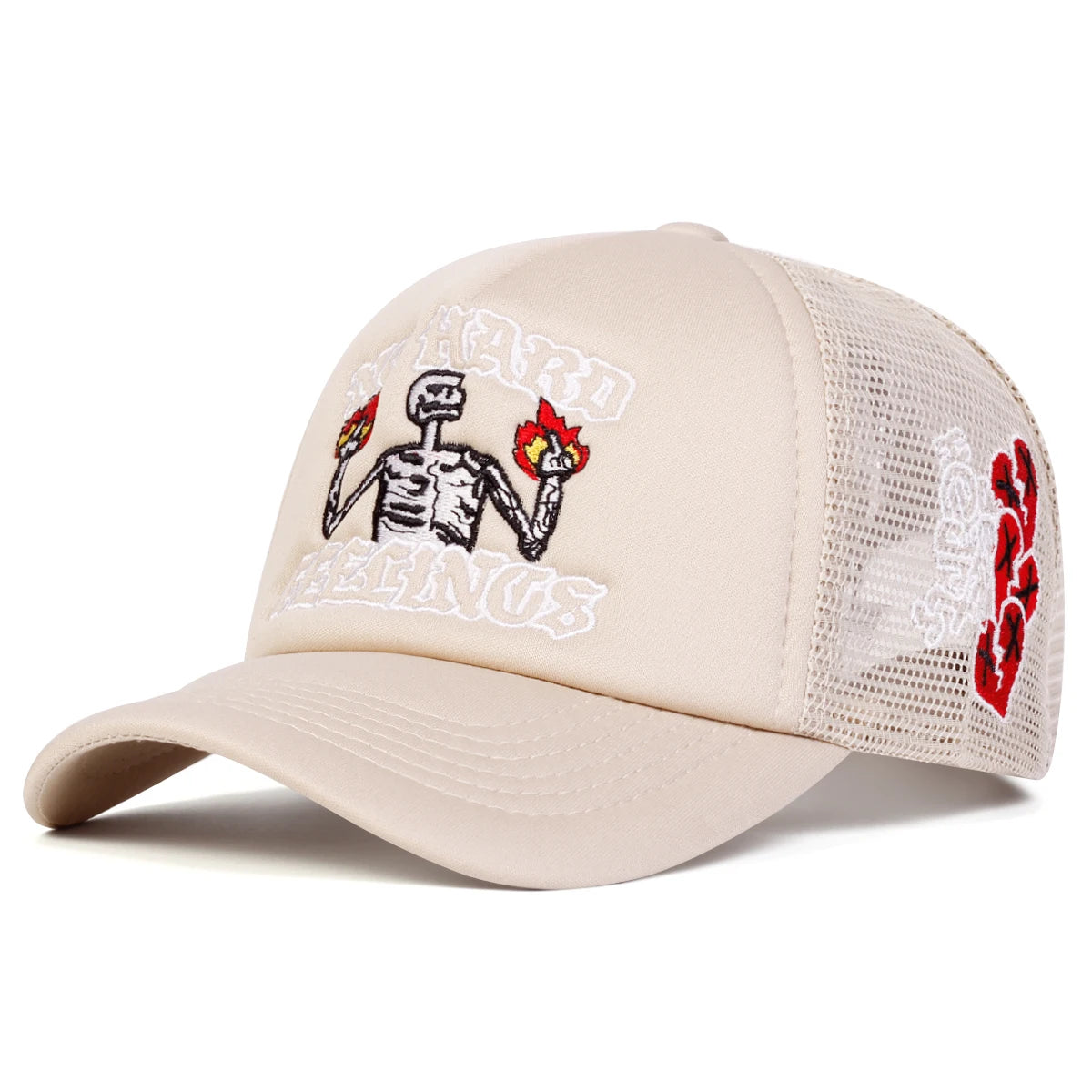 No Hard Feelings Skull Trucker Cap - Flame Mesh Snapback Hat | Adjustable Summer Streetwear Hat