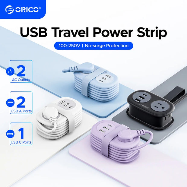 5-in-1 Travel Power Strip – 2 AC Outlets + 3 USB Fast Charging Ports + Type-C, Compact Extension Cord with Surge Protection