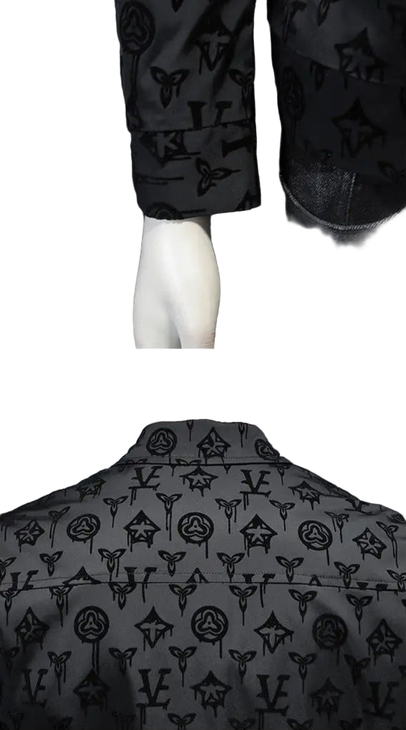 Men’s Black Monogram Flower Jacket – Slim Fit Street Luxury Outerwear, Turn-Down Collar, Button-Up Statement Coat